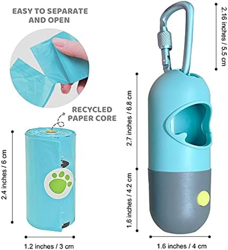 Dog Poop Bag Dispenser with Built-In LED Flashlight and Metal Clip for Leash, Pet Waste Bag Holder, Dog Walking Accessory (Cystal Blue)