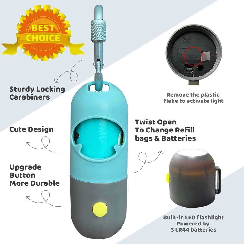 Dog Poop Bag Dispenser with Built-In LED Flashlight and Metal Clip for Leash, Pet Waste Bag Holder, Dog Walking Accessory (Cystal Blue)