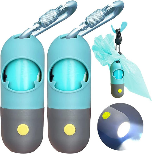 Dog Poop Bag Dispenser with Built-In LED Flashlight and Metal Clip for Leash, 2 PCS Pet Waste Bag Holder, Dog Walking Accessory, Crystal Blue
